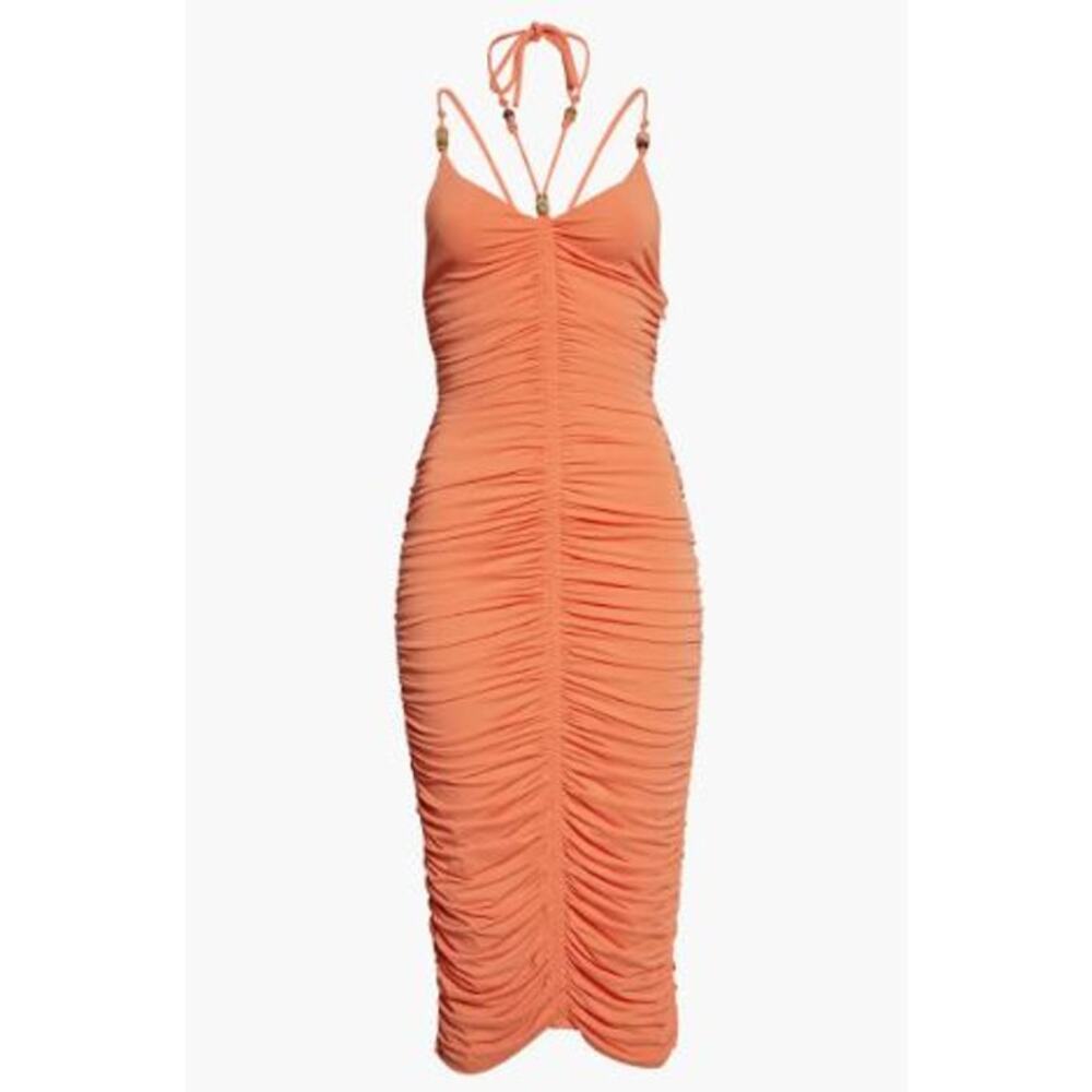 ALC Allegra Ruched Bead Embellished Midi Dress Bodycon Halter Orange Size Medium - Picture 8 of 12
